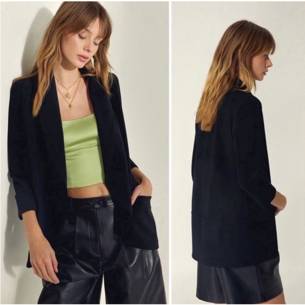 Aritzia Wilfred Chevalier Blazer Black Satin Collar Size 4 Open Front Crepe - Picture 2 of 11